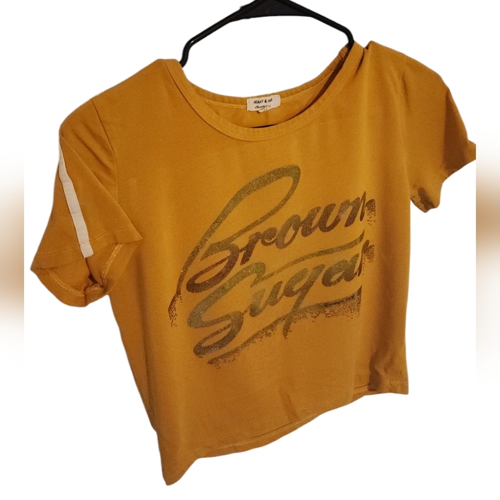 Mustard Gold "Brown Sugar" 1976 NOS glitter transfer ringer crop tee